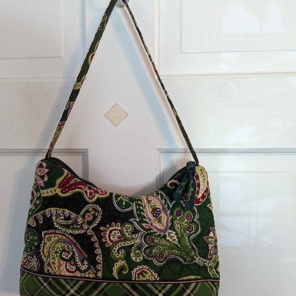Vera Bradley Green Floral Paisley Small Hobo Bag Purse Front & Interior Pocket - Picture 4 of 9
